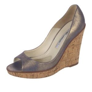Brian Atwood Metallic Gold/Silver Leather 4”Cork Wedge Heels Size 8.5 MSRP $595